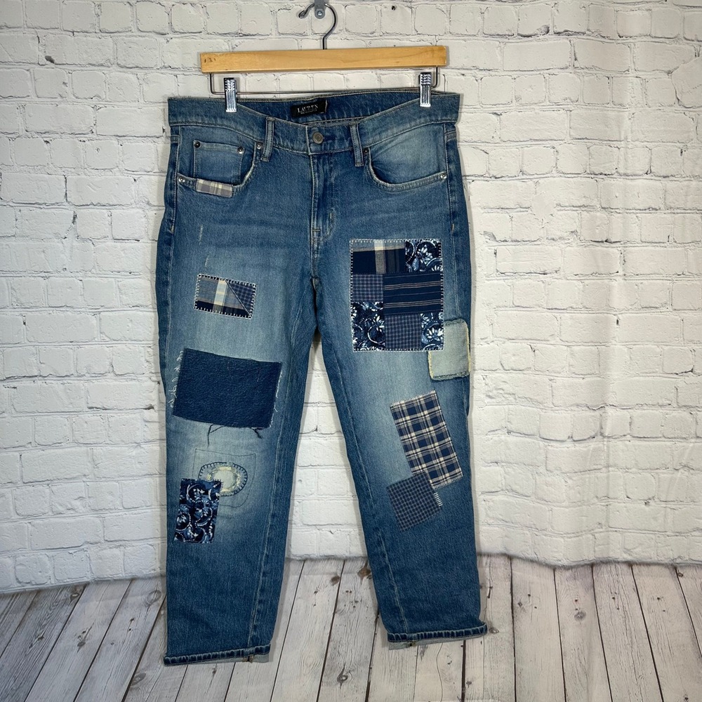 Lauren Ralph Lauren Womens Patchwork Ankle Jeans Blue Denim Size 12 Distressed